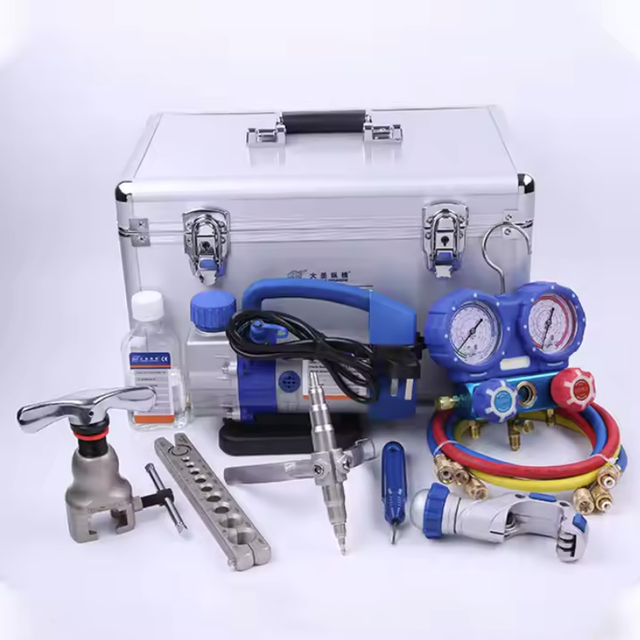 WK-7P Portable Refrigeration Tool Box Vacuum Pump Charging Hose Flaring Tool Pipe Cutter and Manifold Pressure Gauge