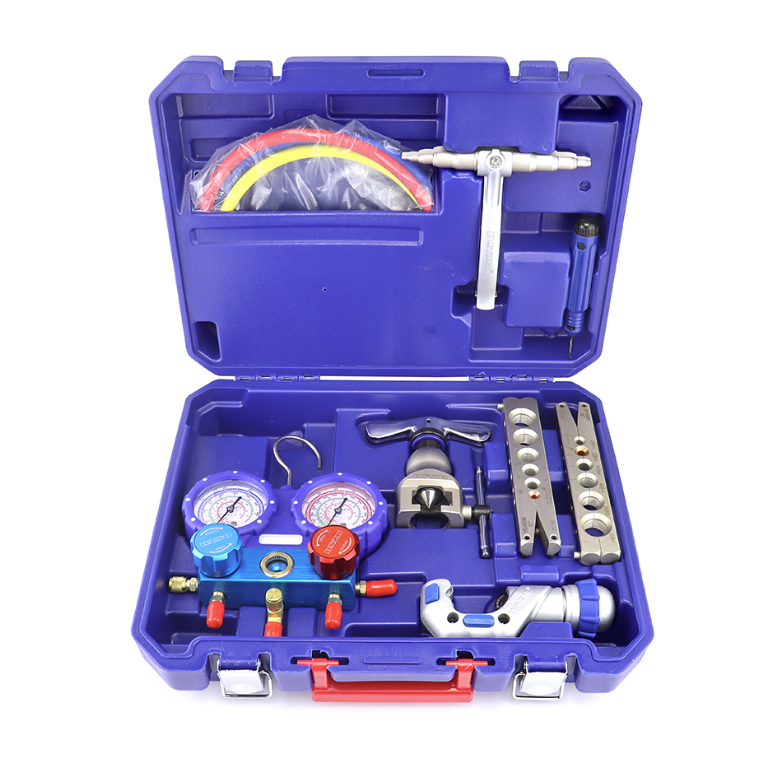 WK-8P Portable Refrigeration Tool Box Charging Hose Flaring Tool Pipe Cutter and Manifold Pressure Gauge HVAC Tool Suitcase