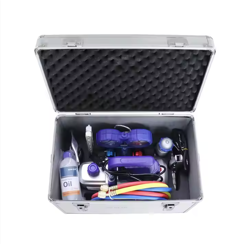 WK-7P Portable Refrigeration Tool Box Vacuum Pump Charging Hose Flaring Tool Pipe Cutter and Manifold Pressure Gauge
